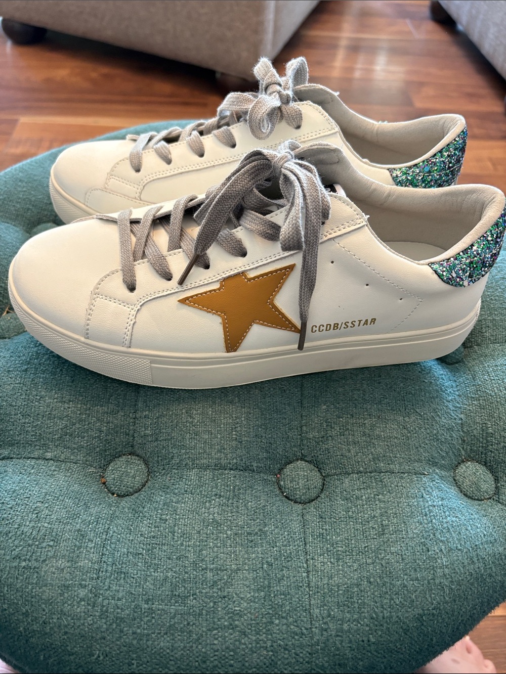 Golden Star White Leather Sneakers with Glitter Heel -